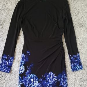 Ralph Lauren Black Twisted Wrap Long Sleeve Dress Blue White Floral Detail